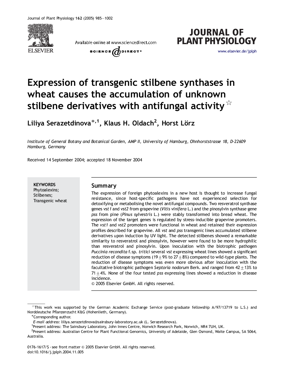 Expression of transgenic stilbene synthases in wheat causes the accumulation of unknown stilbene derivatives with antifungal activity