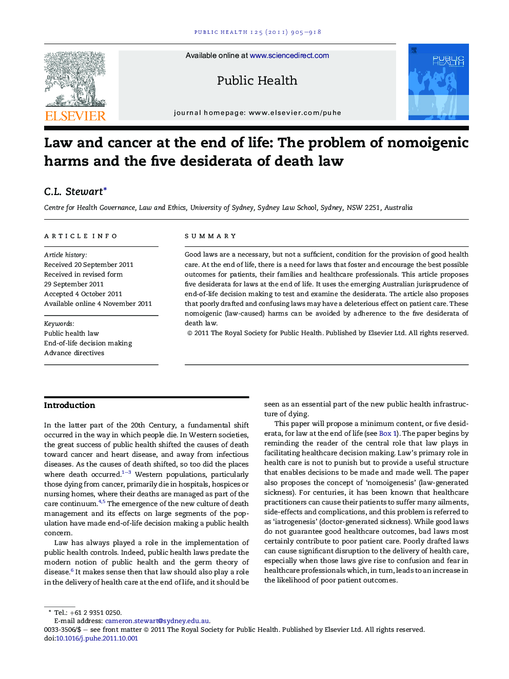 Law and cancer at the end of life: The problem of nomoigenic harms and the five desiderata of death law