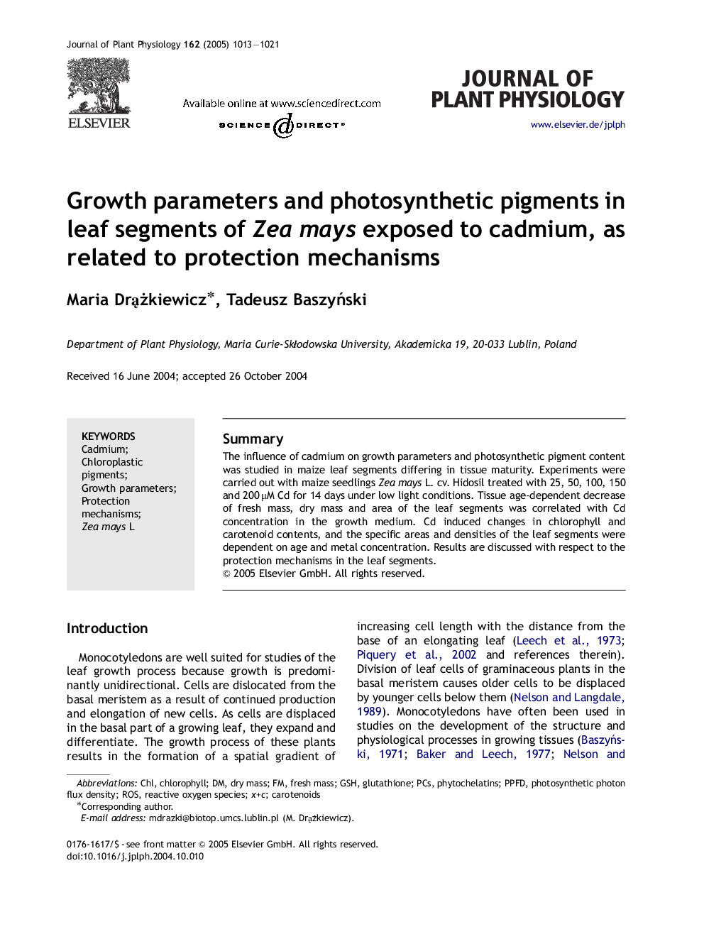 Growth parameters and photosynthetic pigments in leaf segments of Zea mays exposed to cadmium, as related to protection mechanisms