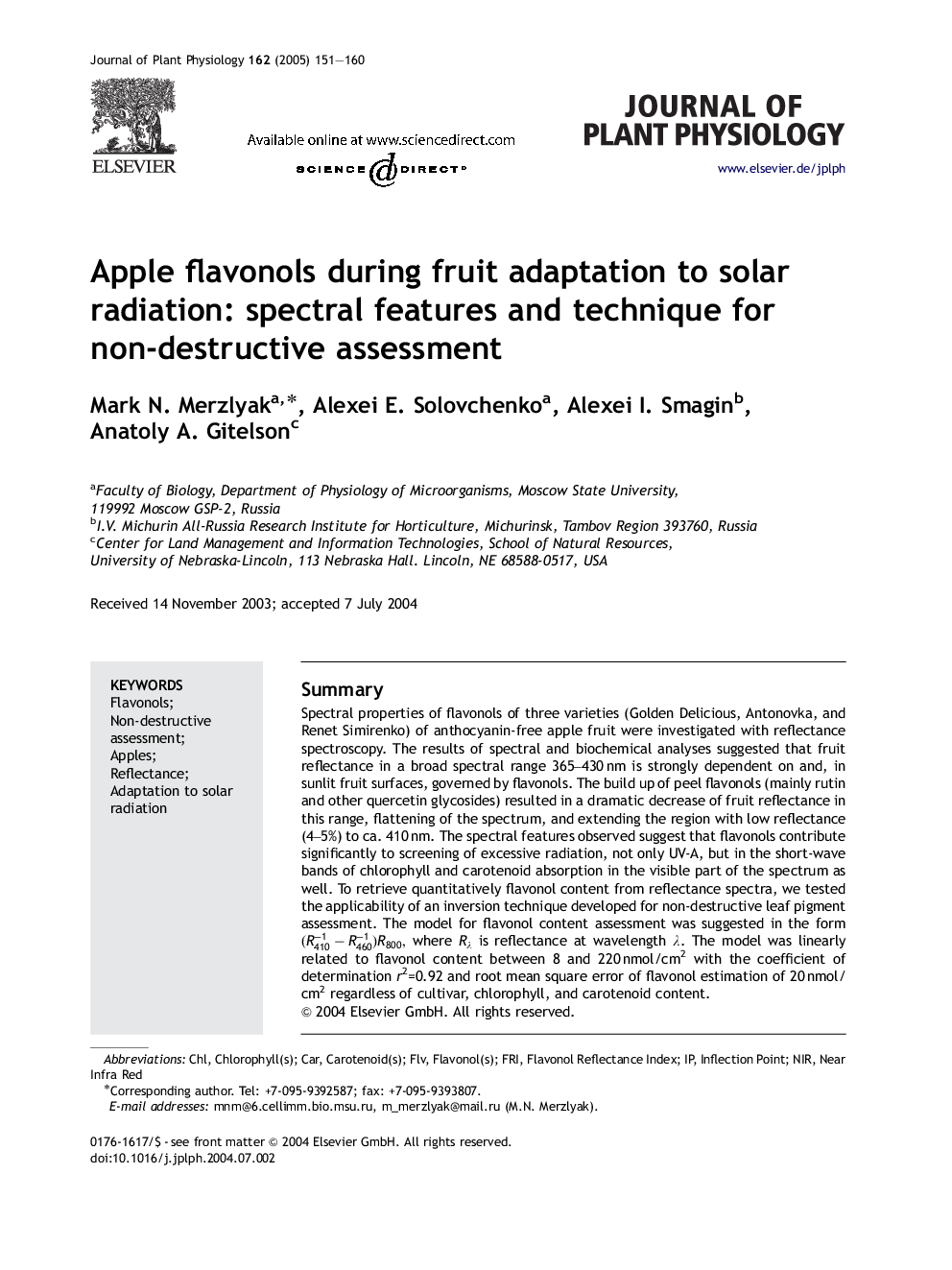 Apple flavonols during fruit adaptation to solar radiation: spectral features and technique for non-destructive assessment