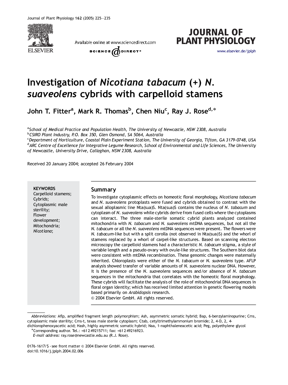 Investigation of Nicotiana tabacum (+) N. suaveolens cybrids with carpelloid stamens