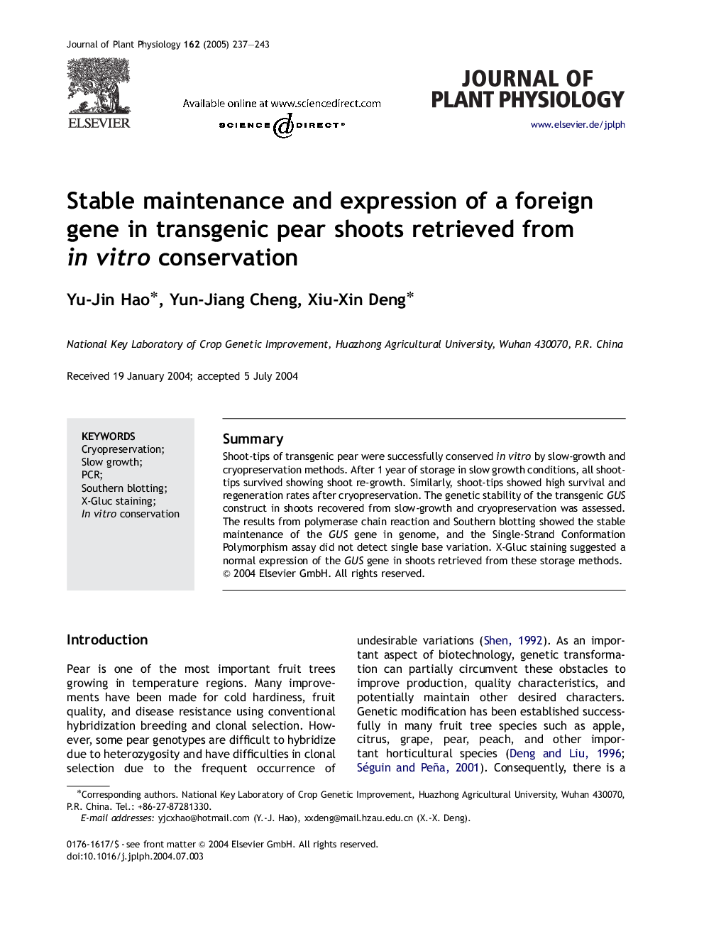 Stable maintenance and expression of a foreign gene in transgenic pear shoots retrieved from in vitro conservation