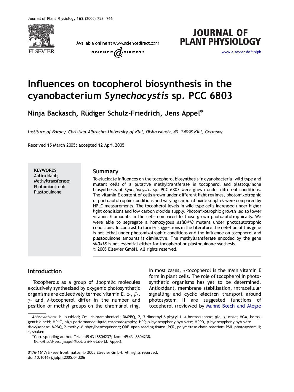 Influences on tocopherol biosynthesis in the cyanobacterium Synechocystis sp. PCC 6803