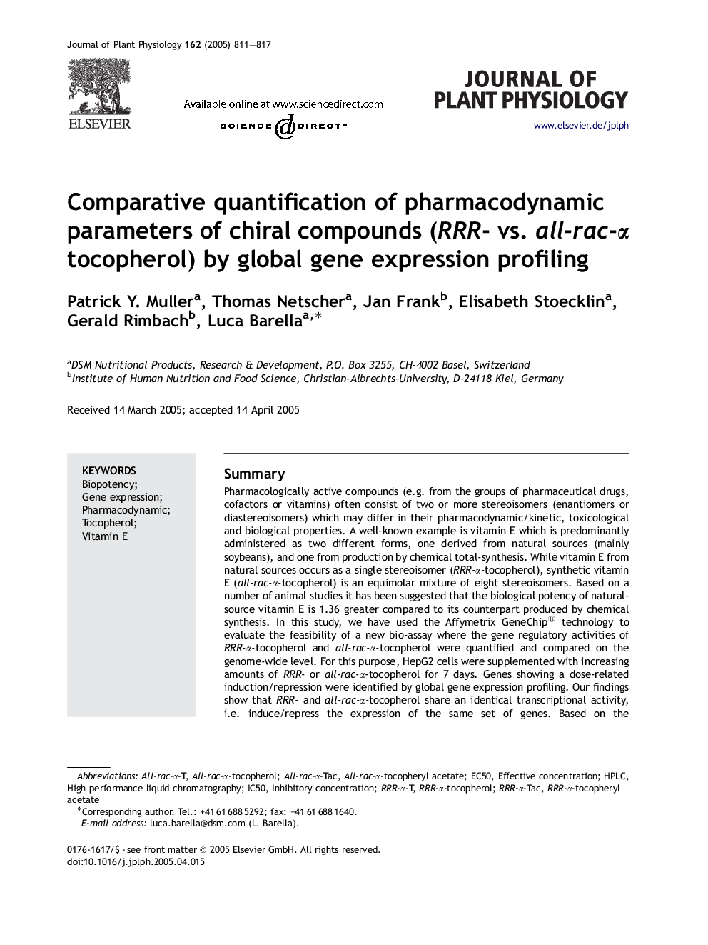 Comparative quantification of pharmacodynamic parameters of chiral compounds (RRR- vs. all-rac-Î± tocopherol) by global gene expression profiling