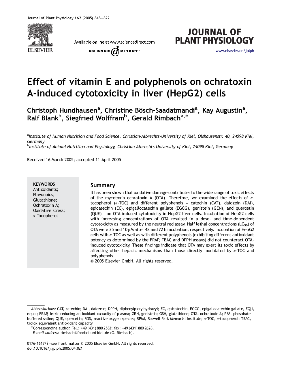 Effect of vitamin E and polyphenols on ochratoxin A-induced cytotoxicity in liver (HepG2) cells