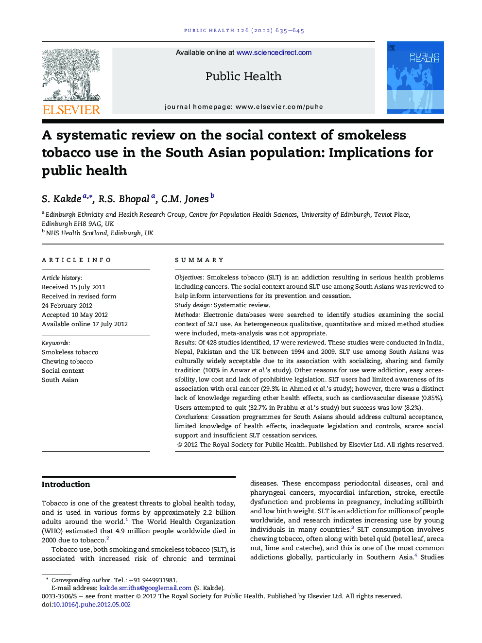 A systematic review on the social context of smokeless tobacco use in the South Asian population: Implications for public health