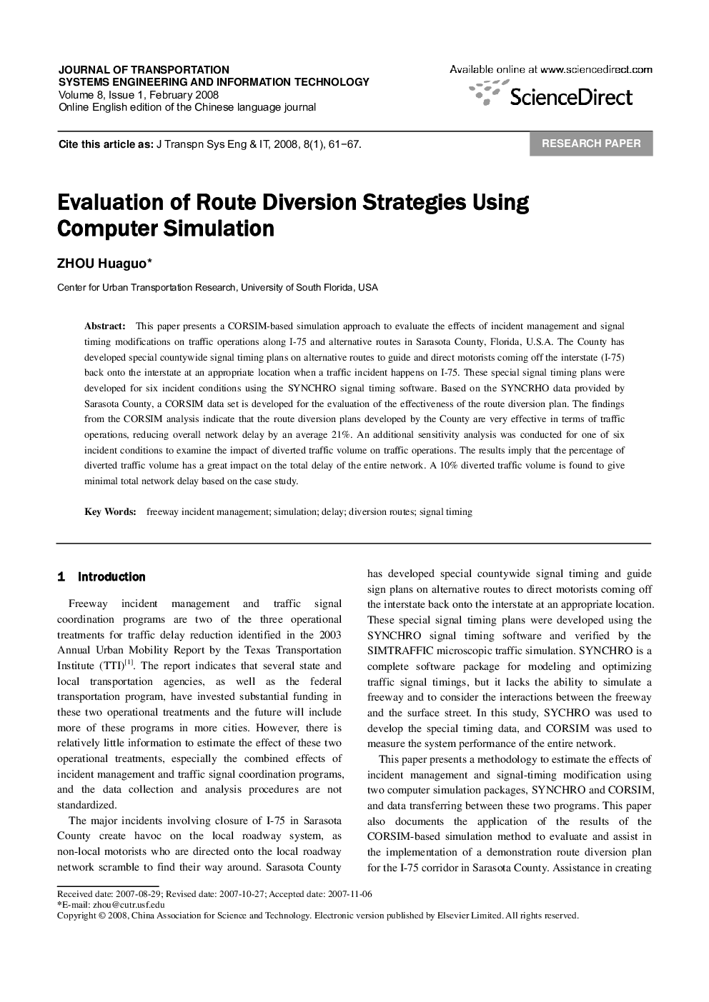 Evaluation of Route Diversion Strategies Using Computer Simulation