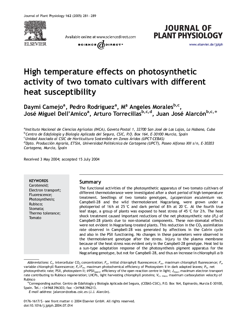 High temperature effects on photosynthetic activity of two tomato cultivars with different heat susceptibility