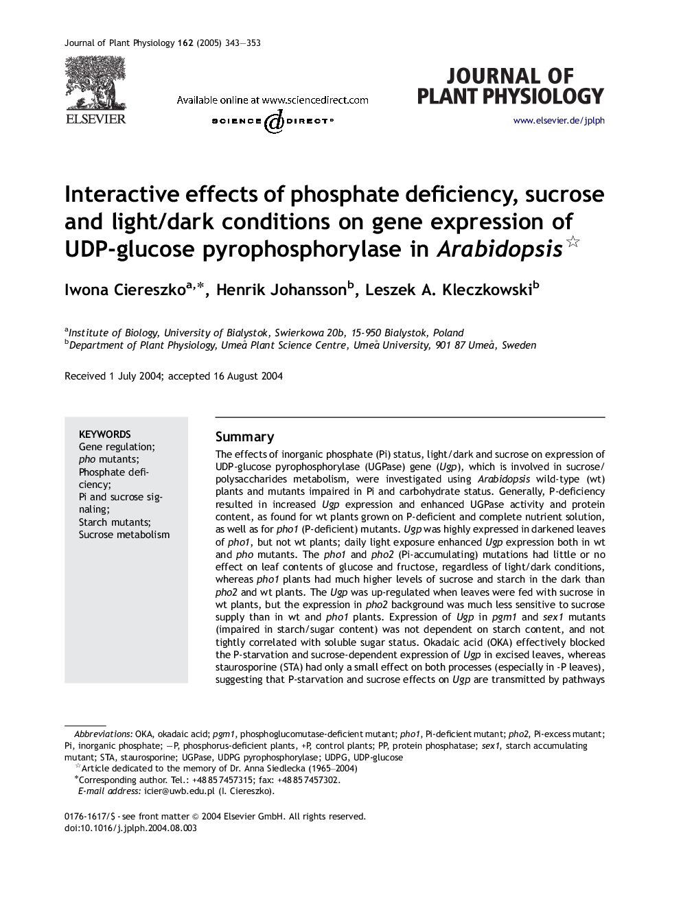 Interactive effects of phosphate deficiency, sucrose and light/dark conditions on gene expression of UDP-glucose pyrophosphorylase in Arabidopsis