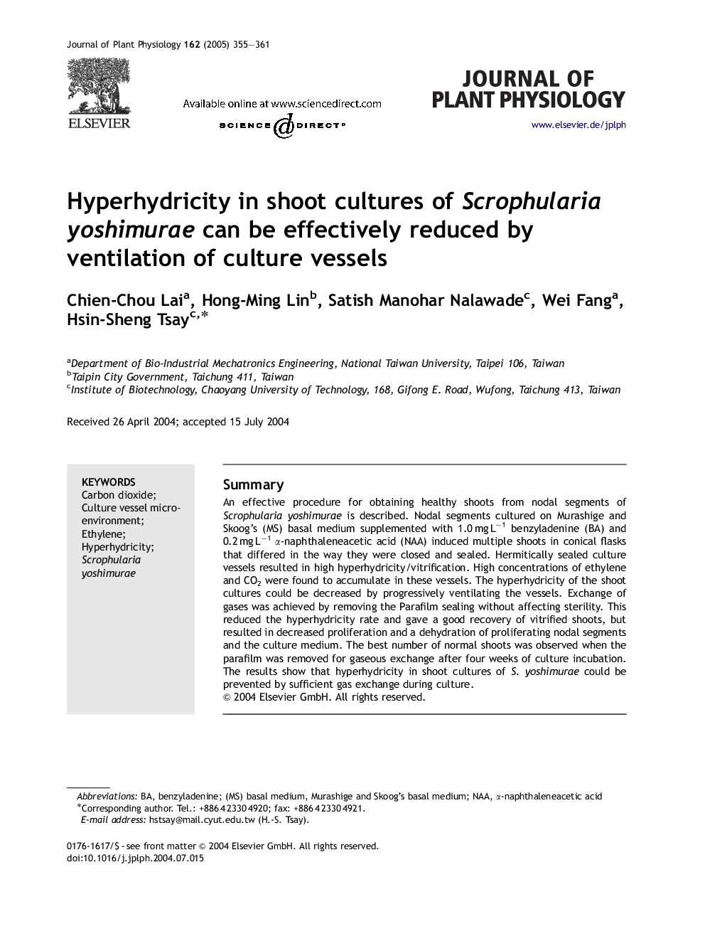Hyperhydricity in shoot cultures of Scrophularia yoshimurae can be effectively reduced by ventilation of culture vessels