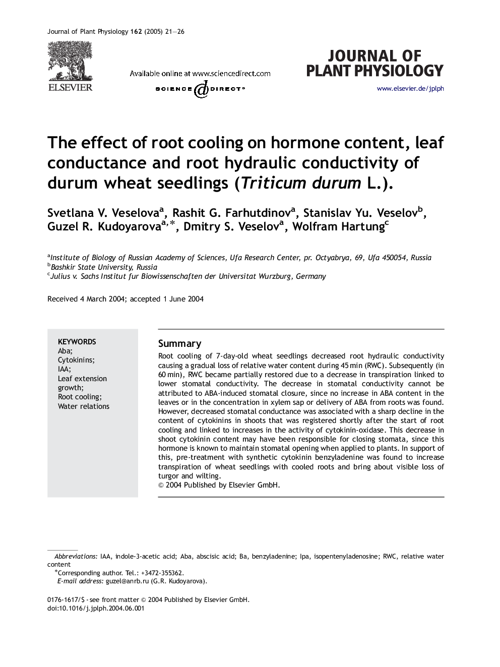 The effect of root cooling on hormone content, leaf conductance and root hydraulic conductivity of durum wheat seedlings (Triticum durum L.).