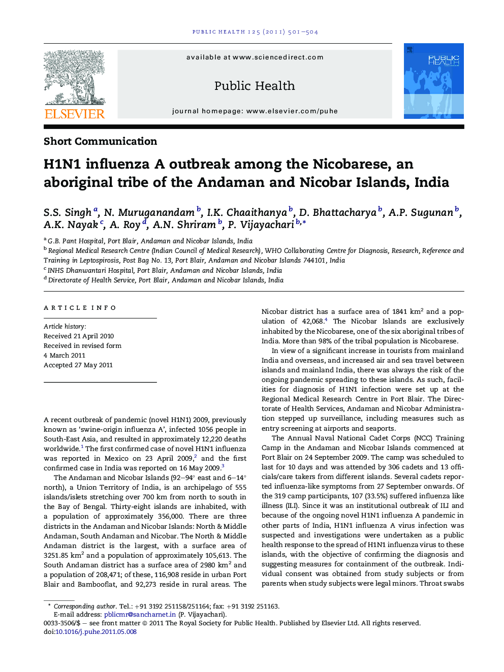 H1N1 influenza A outbreak among the Nicobarese, an aboriginal tribe of the Andaman and Nicobar Islands, India