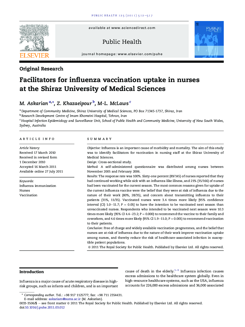 Facilitators for influenza vaccination uptake in nurses at the Shiraz University of Medical Sciences