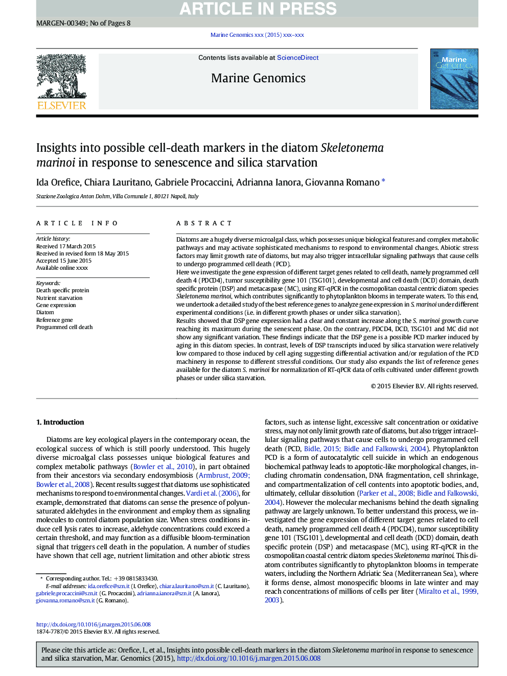 Insights into possible cell-death markers in the diatom Skeletonema marinoi in response to senescence and silica starvation