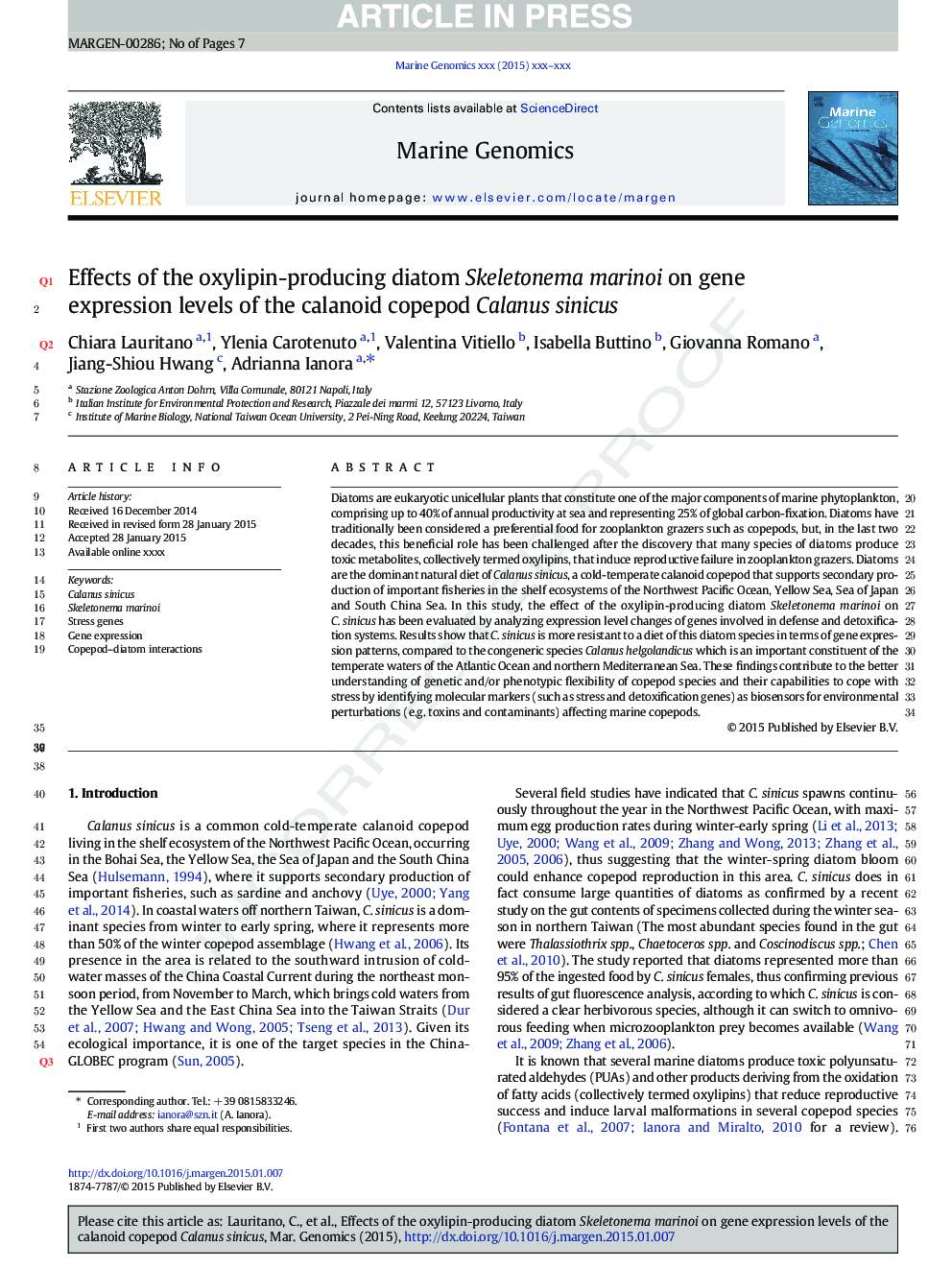Effects of the oxylipin-producing diatom Skeletonema marinoi on gene expression levels of the calanoid copepod Calanus sinicus