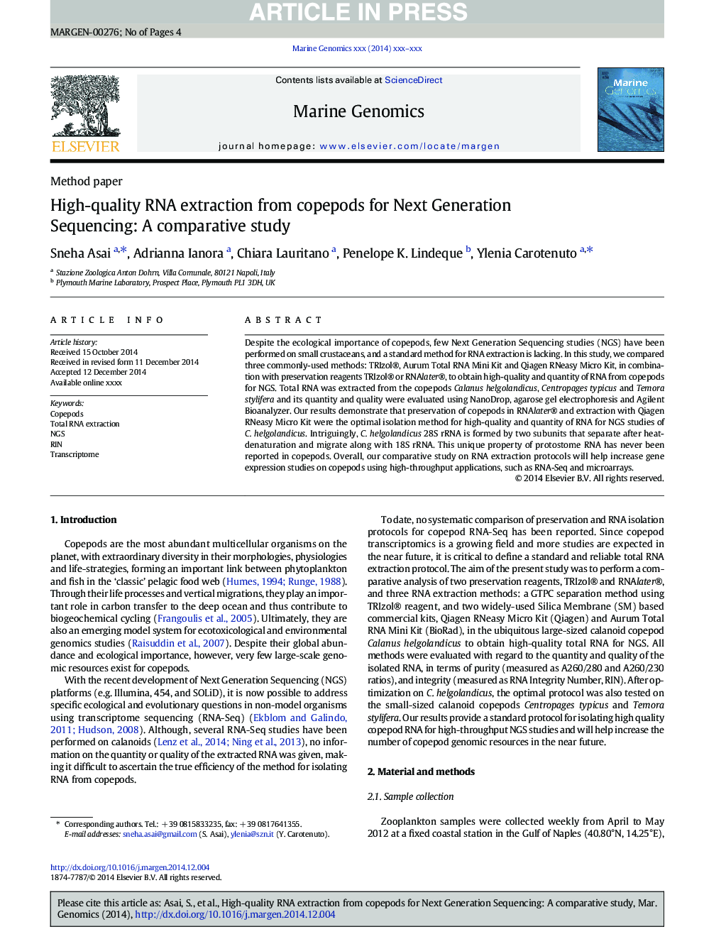 High-quality RNA extraction from copepods for Next Generation Sequencing: A comparative study