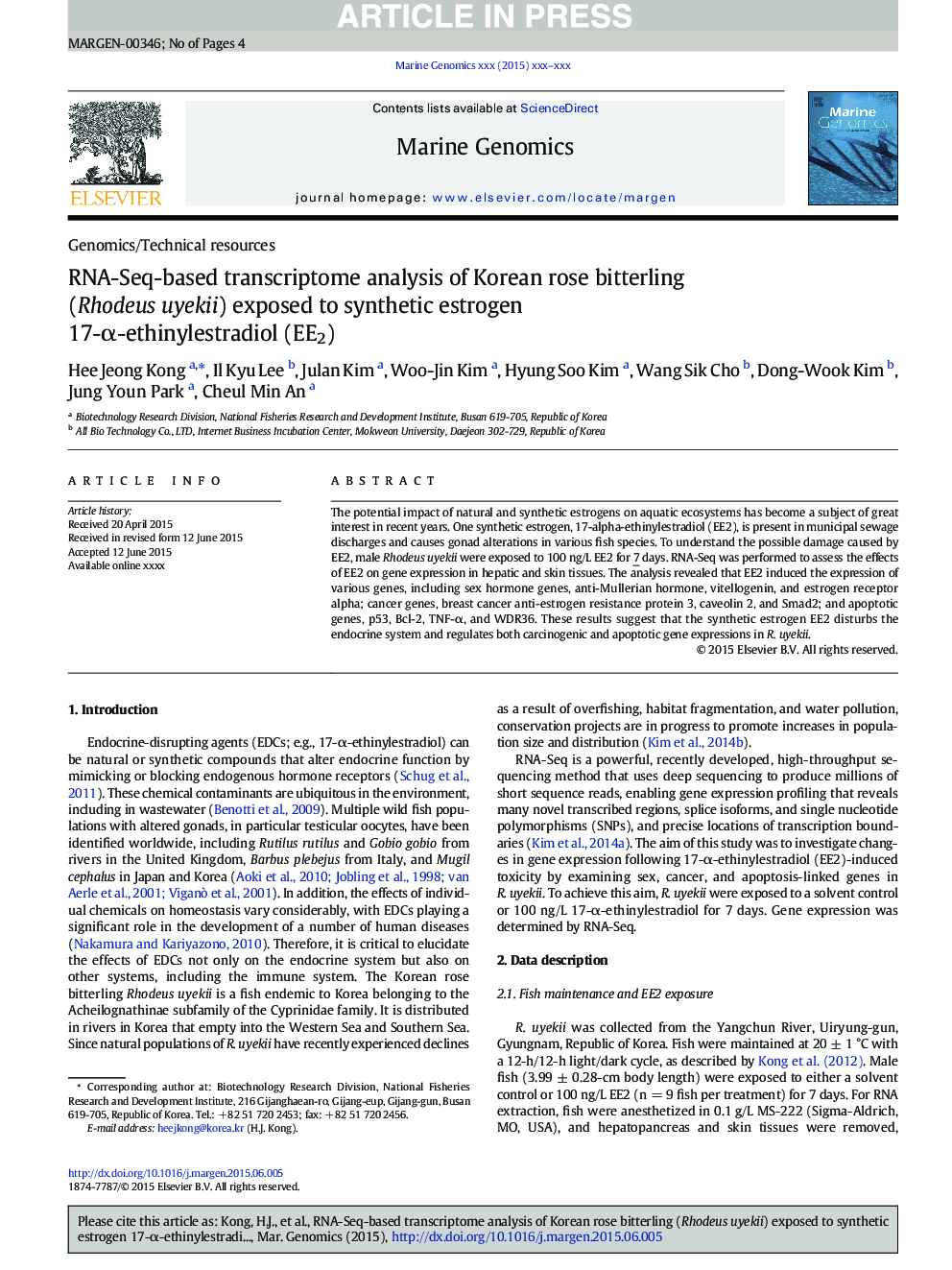 RNA-Seq-based transcriptome analysis of Korean rose bitterling (Rhodeus uyekii) exposed to synthetic estrogen 17-Î±-ethinylestradiol (EE2)