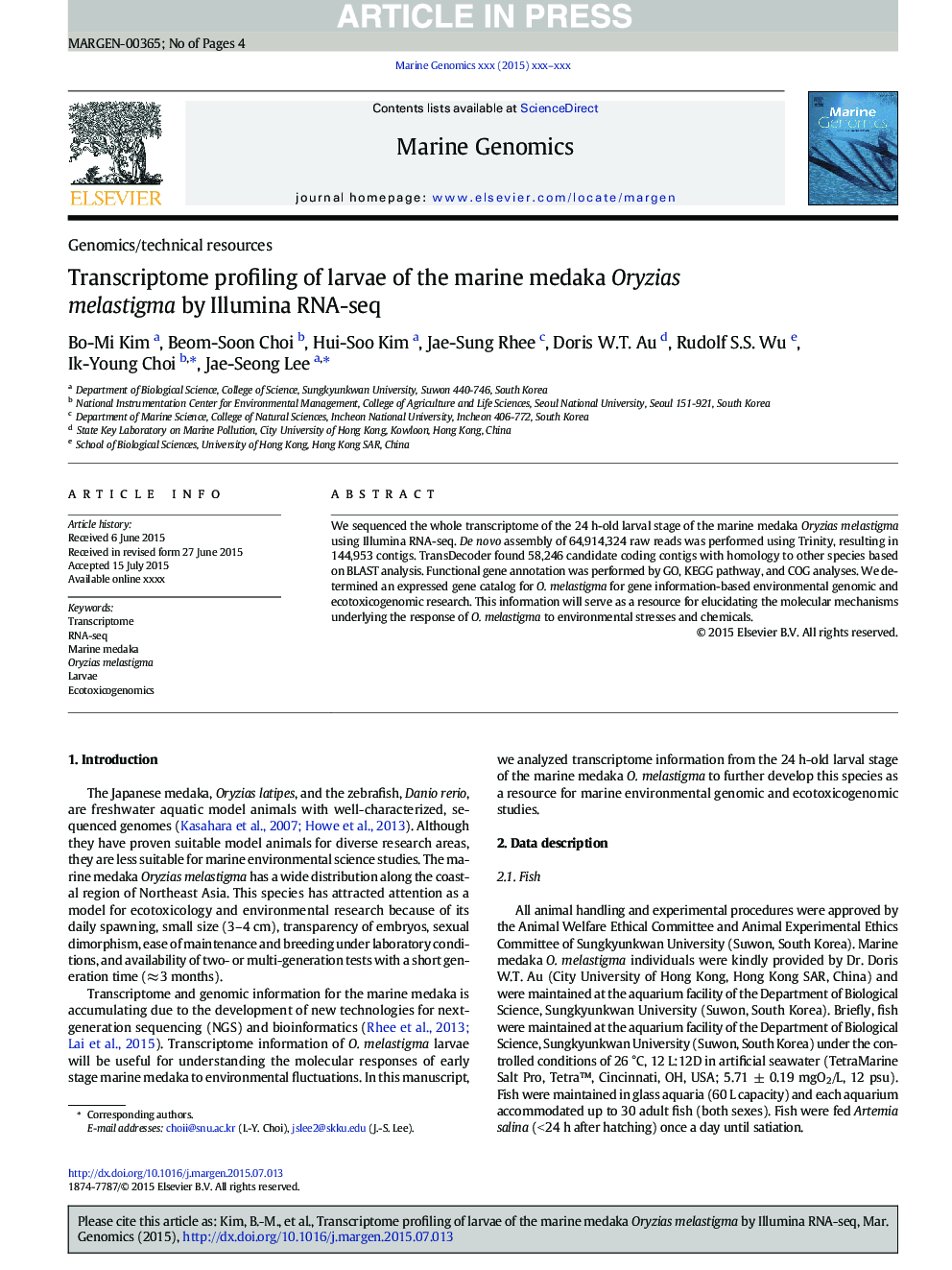 Transcriptome profiling of larvae of the marine medaka Oryzias melastigma by Illumina RNA-seq