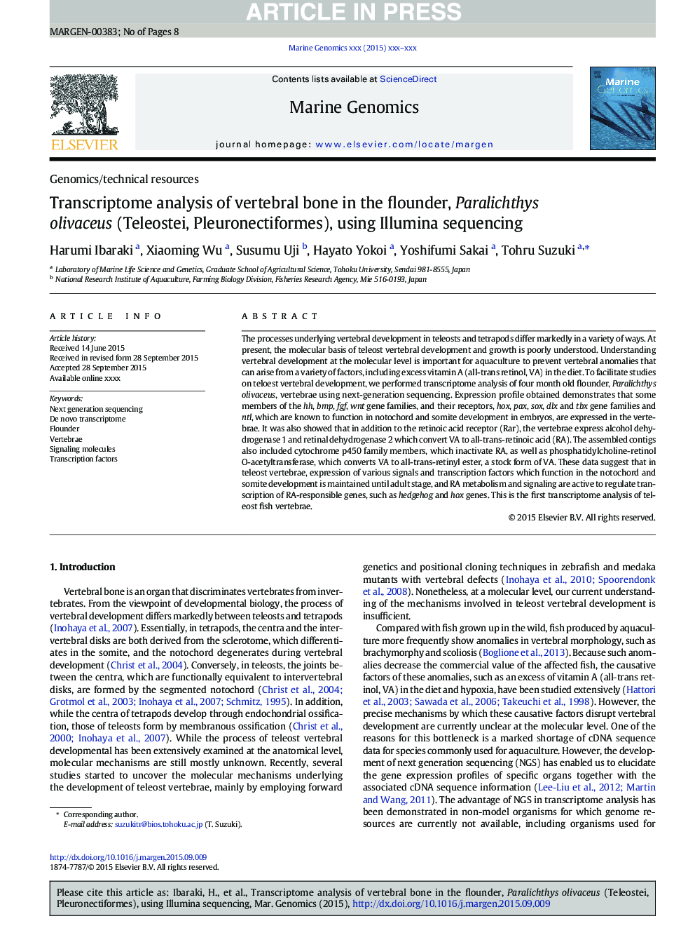Transcriptome analysis of vertebral bone in the flounder, Paralichthys olivaceus (Teleostei, Pleuronectiformes), using Illumina sequencing