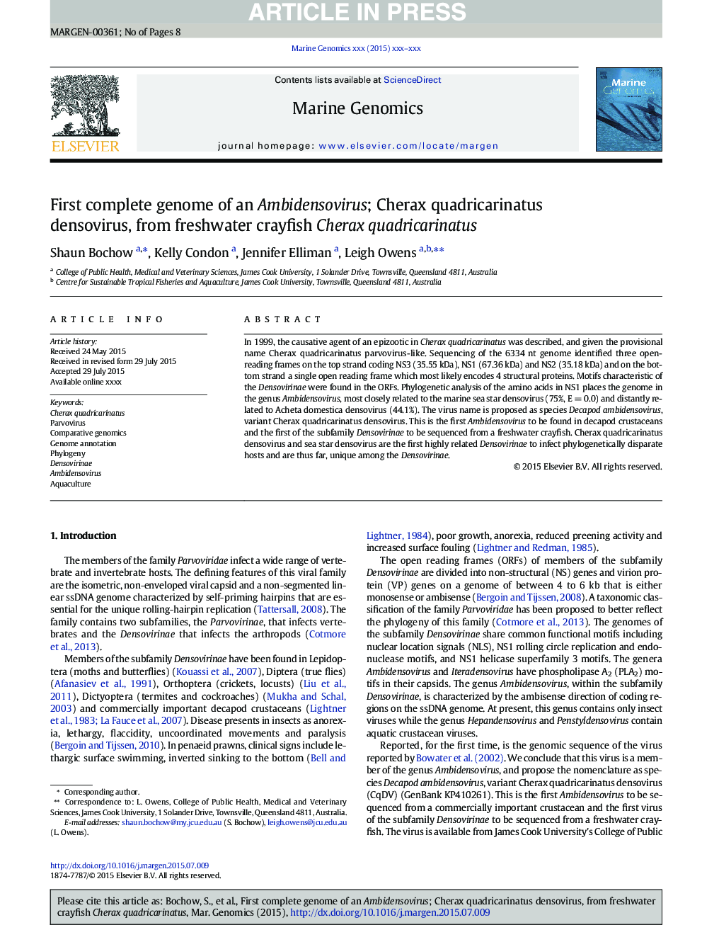 First complete genome of an Ambidensovirus; Cherax quadricarinatus densovirus, from freshwater crayfish Cherax quadricarinatus