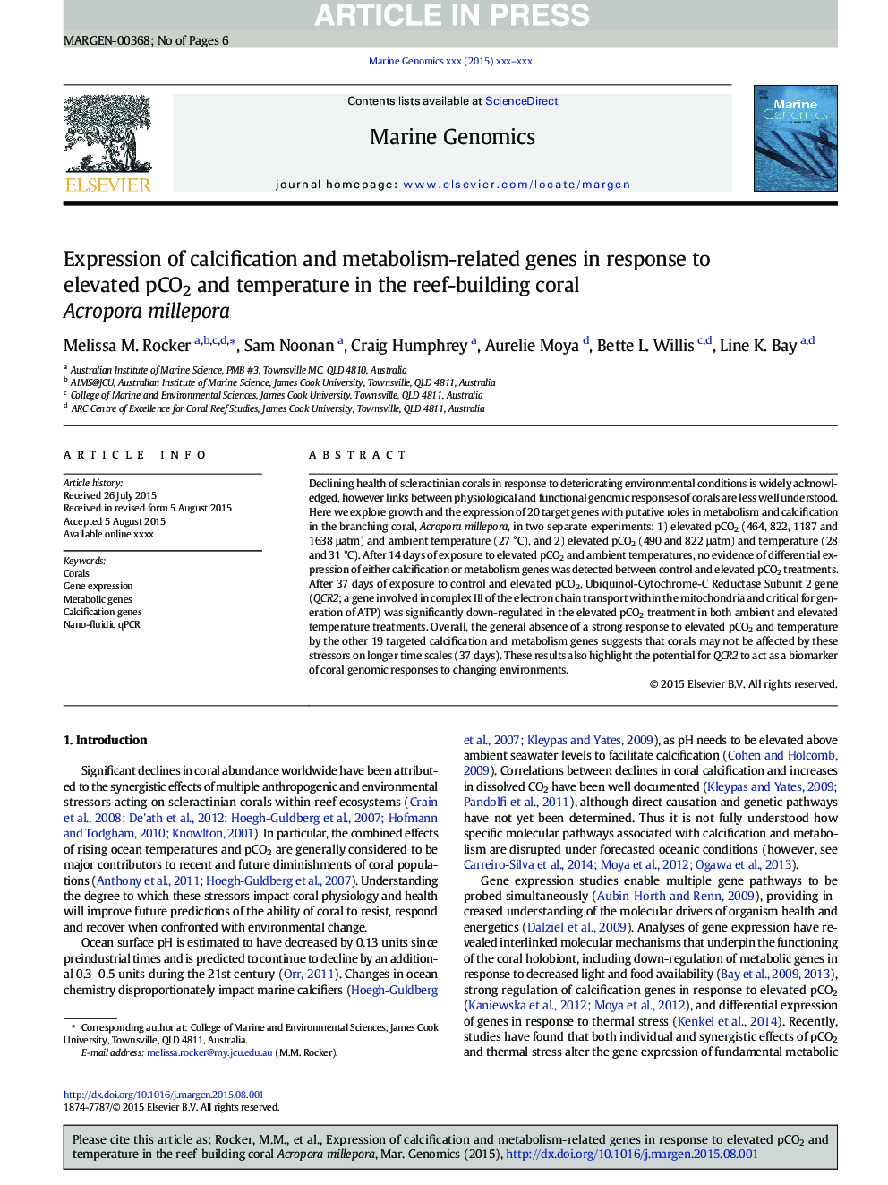 Expression of calcification and metabolism-related genes in response to elevated pCO2 and temperature in the reef-building coral Acropora millepora