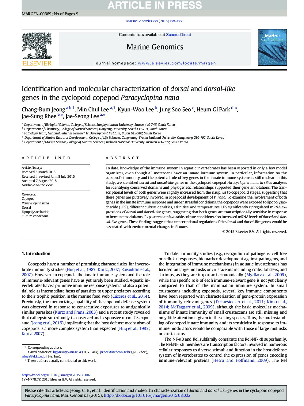 Identification and molecular characterization of dorsal and dorsal-like genes in the cyclopoid copepod Paracyclopina nana