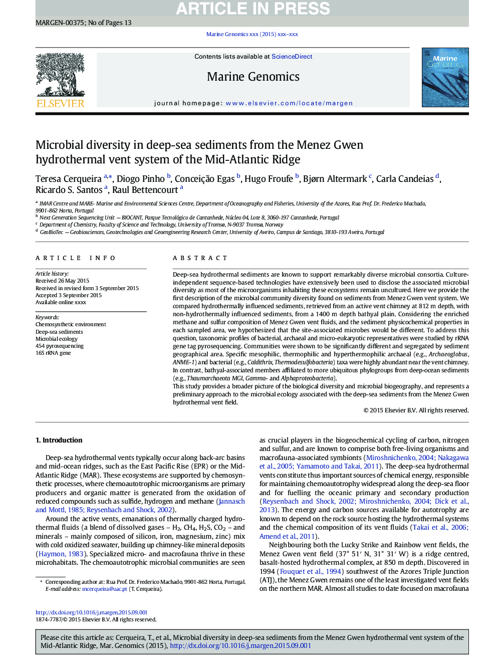 Microbial diversity in deep-sea sediments from the Menez Gwen hydrothermal vent system of the Mid-Atlantic Ridge