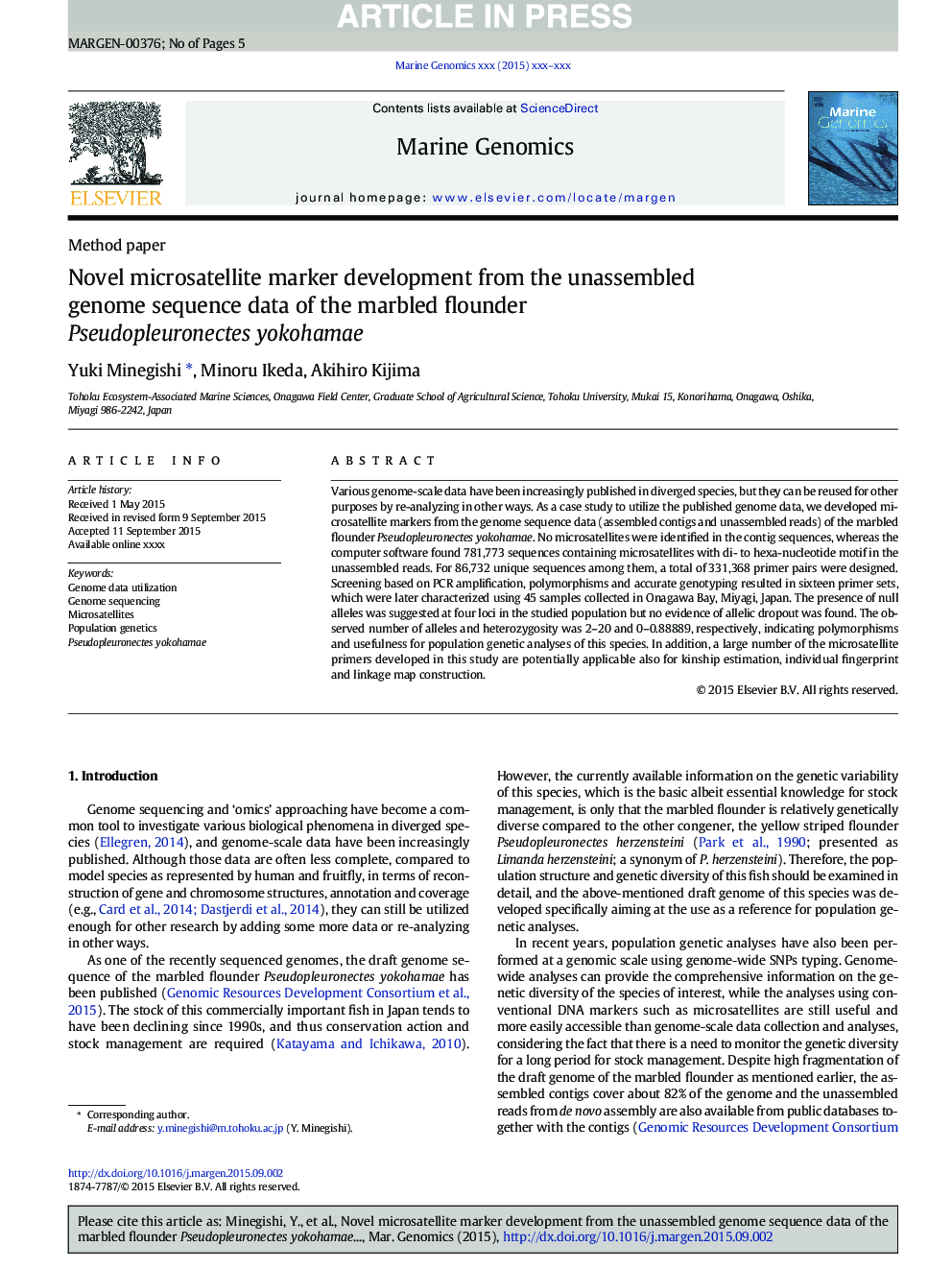 Novel microsatellite marker development from the unassembled genome sequence data of the marbled flounder Pseudopleuronectes yokohamae