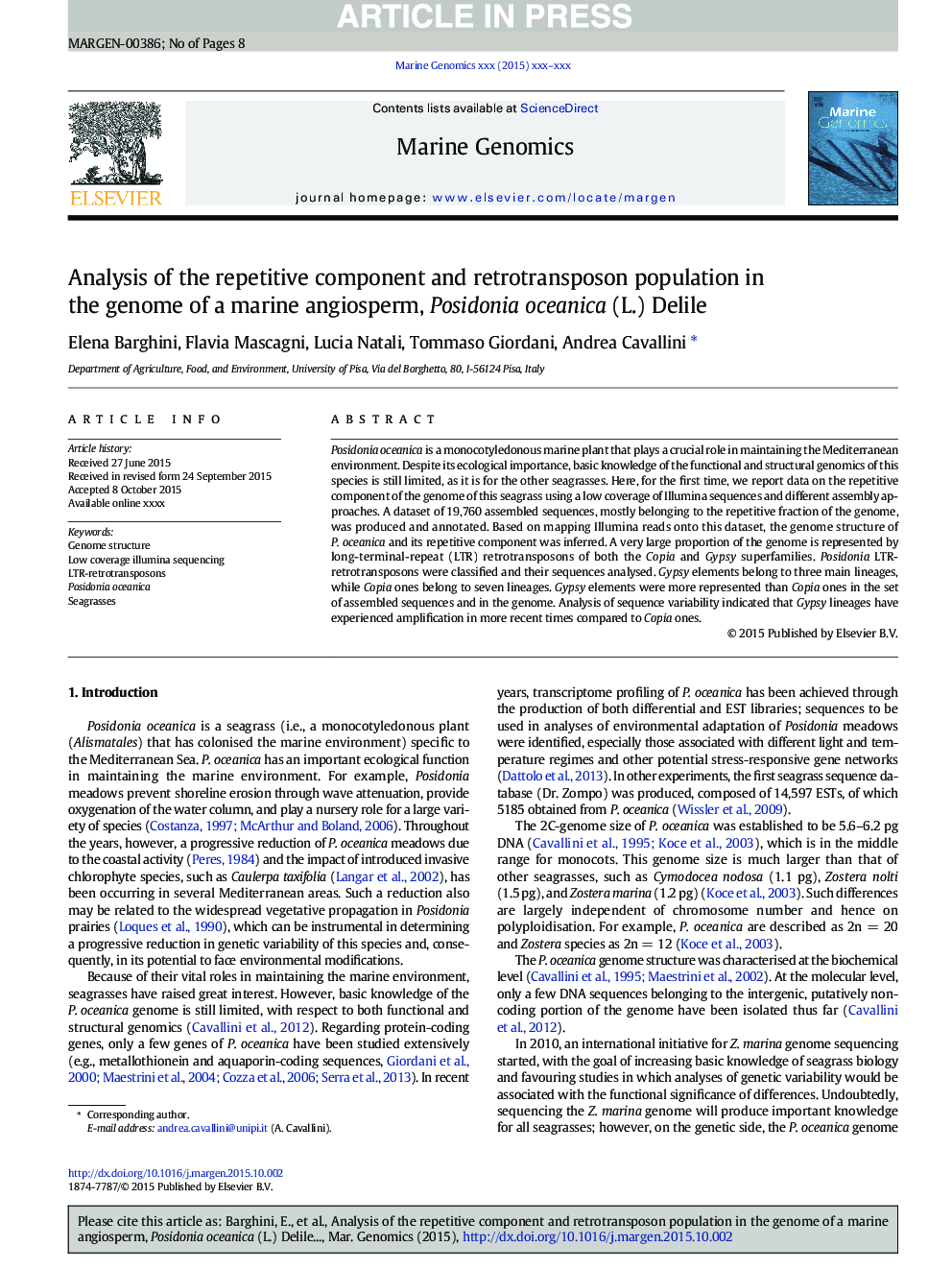 Analysis of the repetitive component and retrotransposon population in the genome of a marine angiosperm, Posidonia oceanica (L.) Delile