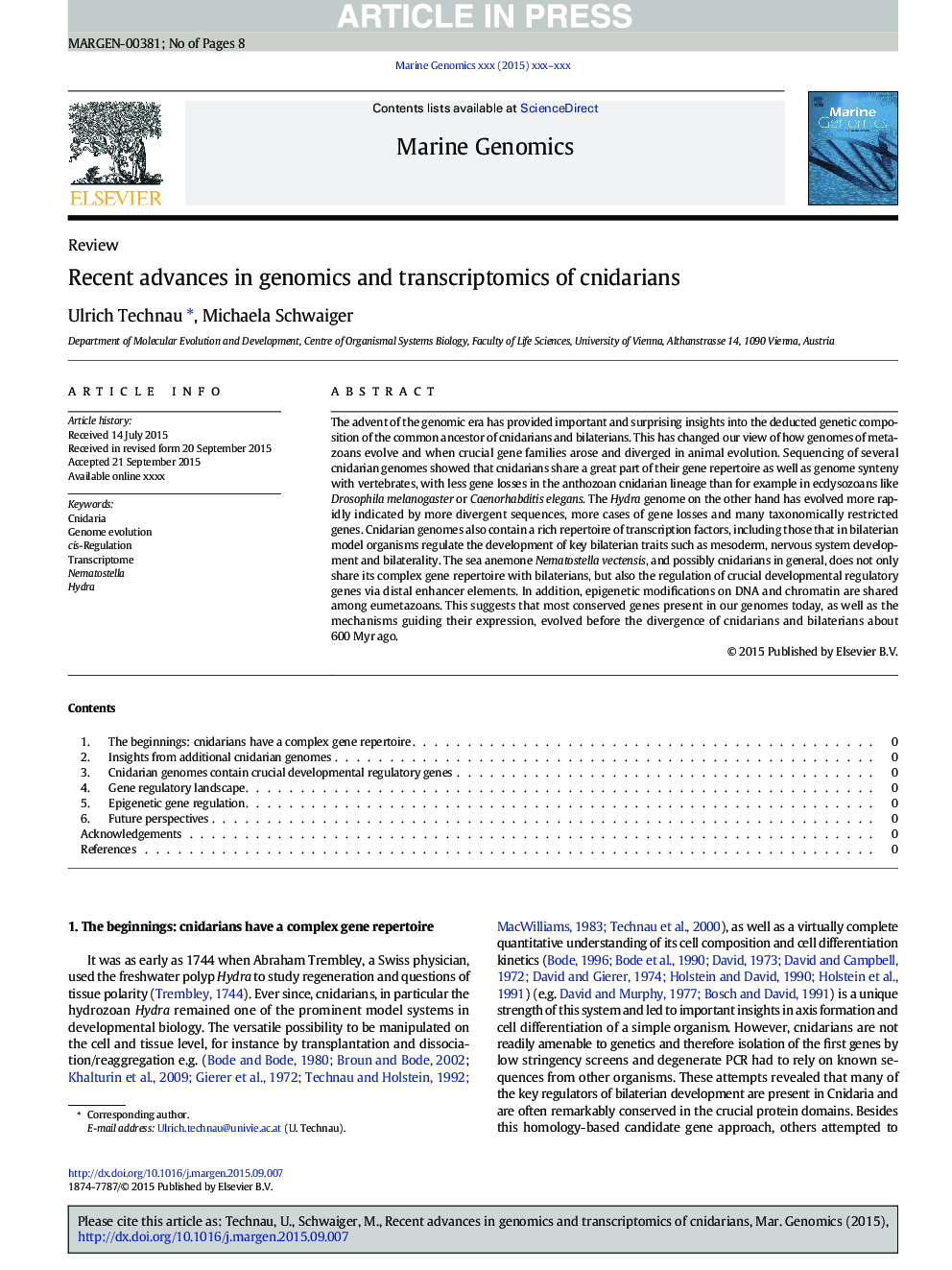Recent advances in genomics and transcriptomics of cnidarians