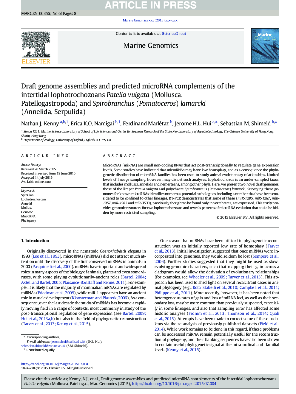 Draft genome assemblies and predicted microRNA complements of the intertidal lophotrochozoans Patella vulgata (Mollusca, Patellogastropoda) and Spirobranchus (Pomatoceros) lamarcki (Annelida, Serpulida)