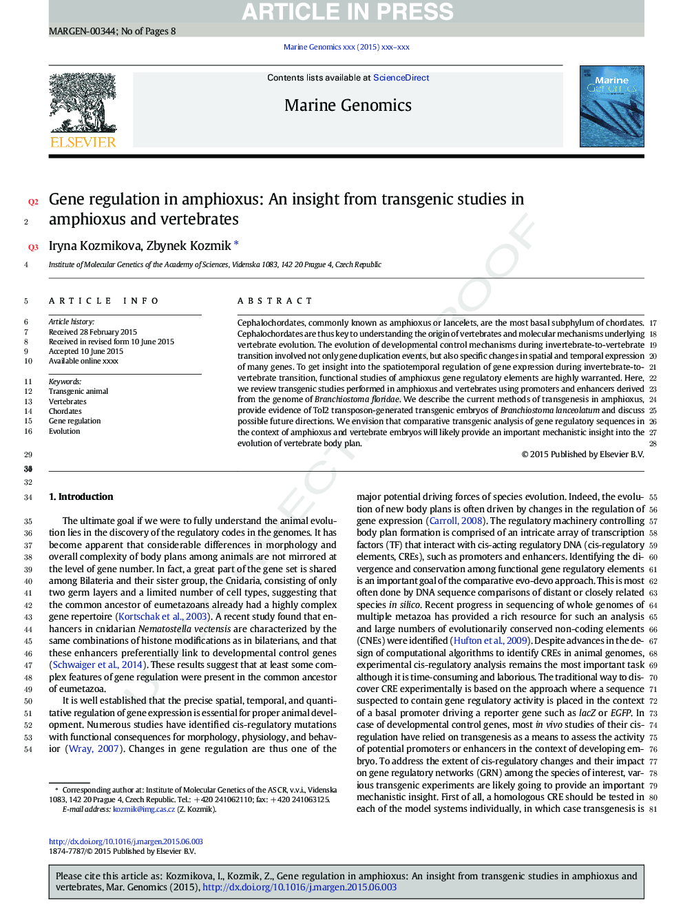 Gene regulation in amphioxus: An insight from transgenic studies in amphioxus and vertebrates