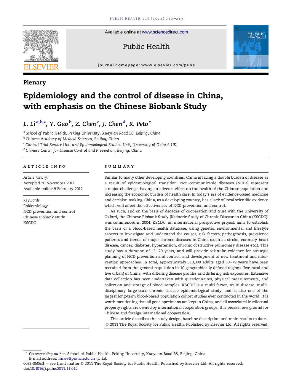 Epidemiology and the control of disease in China, with emphasis on the Chinese Biobank Study