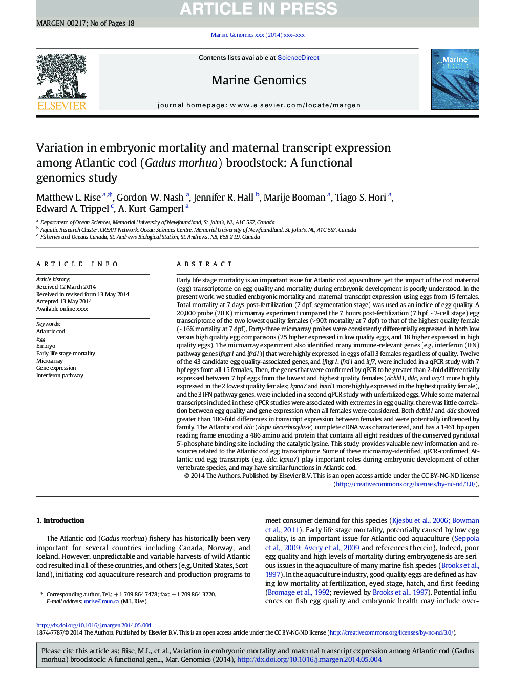 Variation in embryonic mortality and maternal transcript expression among Atlantic cod (Gadus morhua) broodstock: A functional genomics study