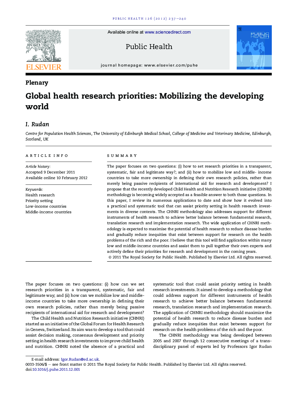 Global health research priorities: Mobilizing the developing world