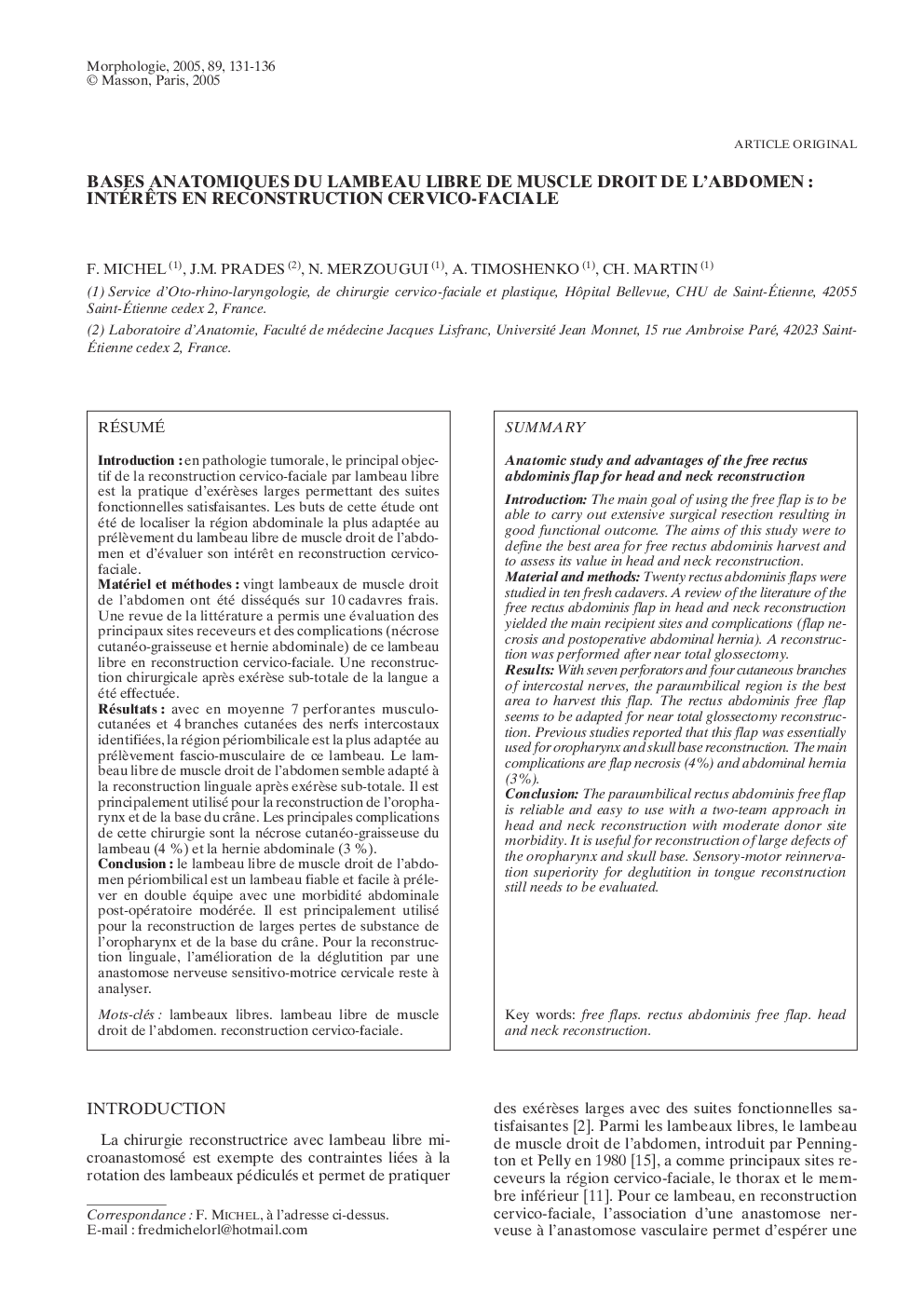 Bases anatomiques du lambeau libre de muscle droit de l'abdomen : intérÃªts en reconstruction cervico-faciale