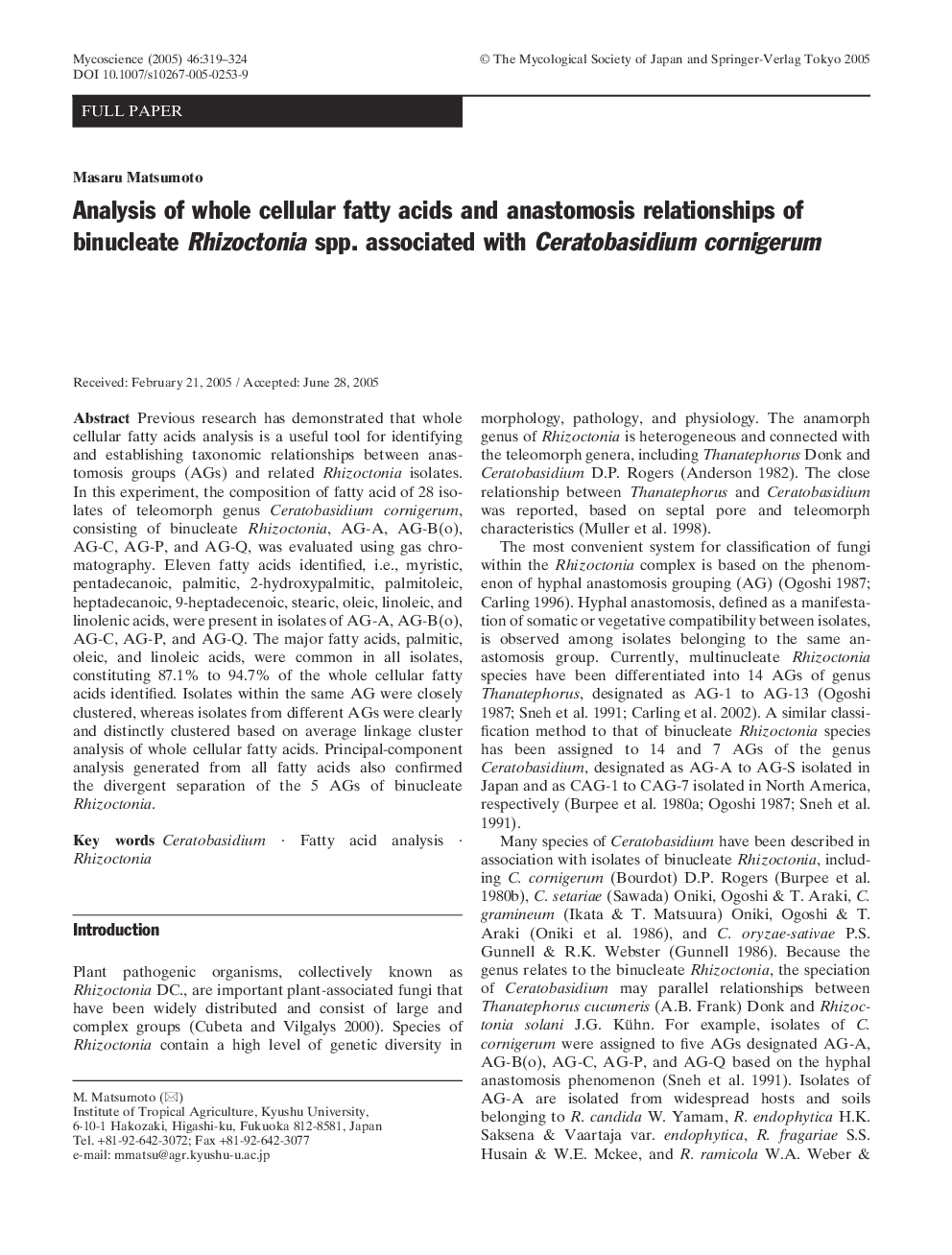 Analysis of whole cellular fatty acids and anastomosis relationships of binucleate Rhizoctonia spp. associated with Ceratobasidium cornigerum