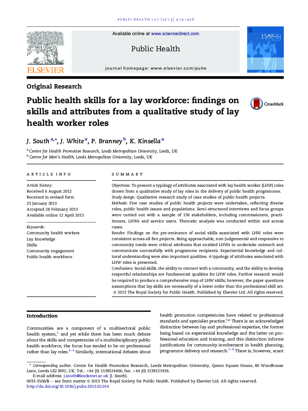 Public health skills for a lay workforce: findings on skills and attributes from a qualitative study of lay health worker roles