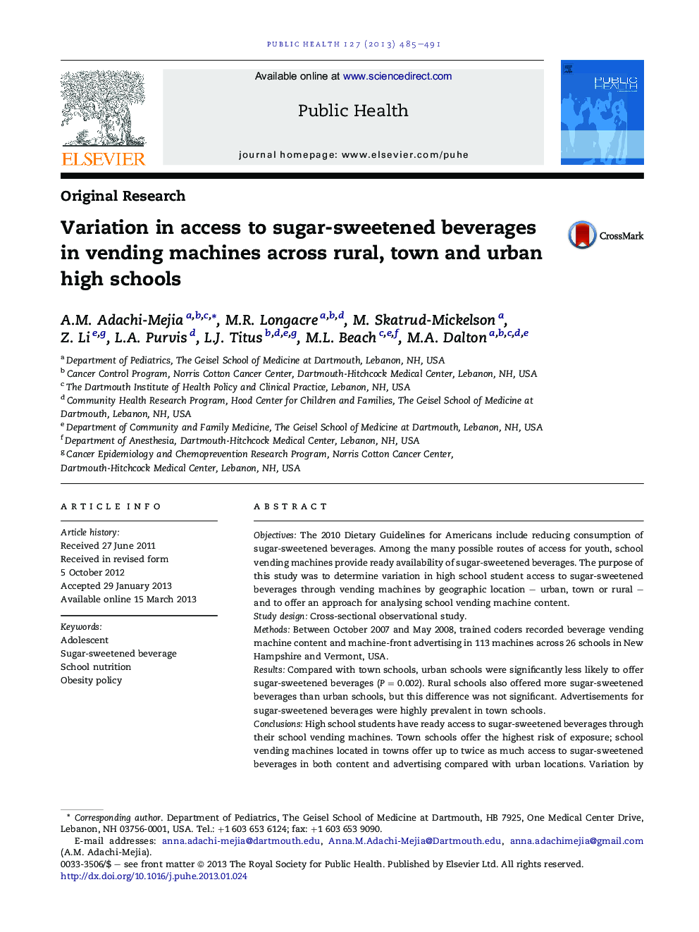 Variation in access to sugar-sweetened beverages in vending machines across rural, town and urban high schools