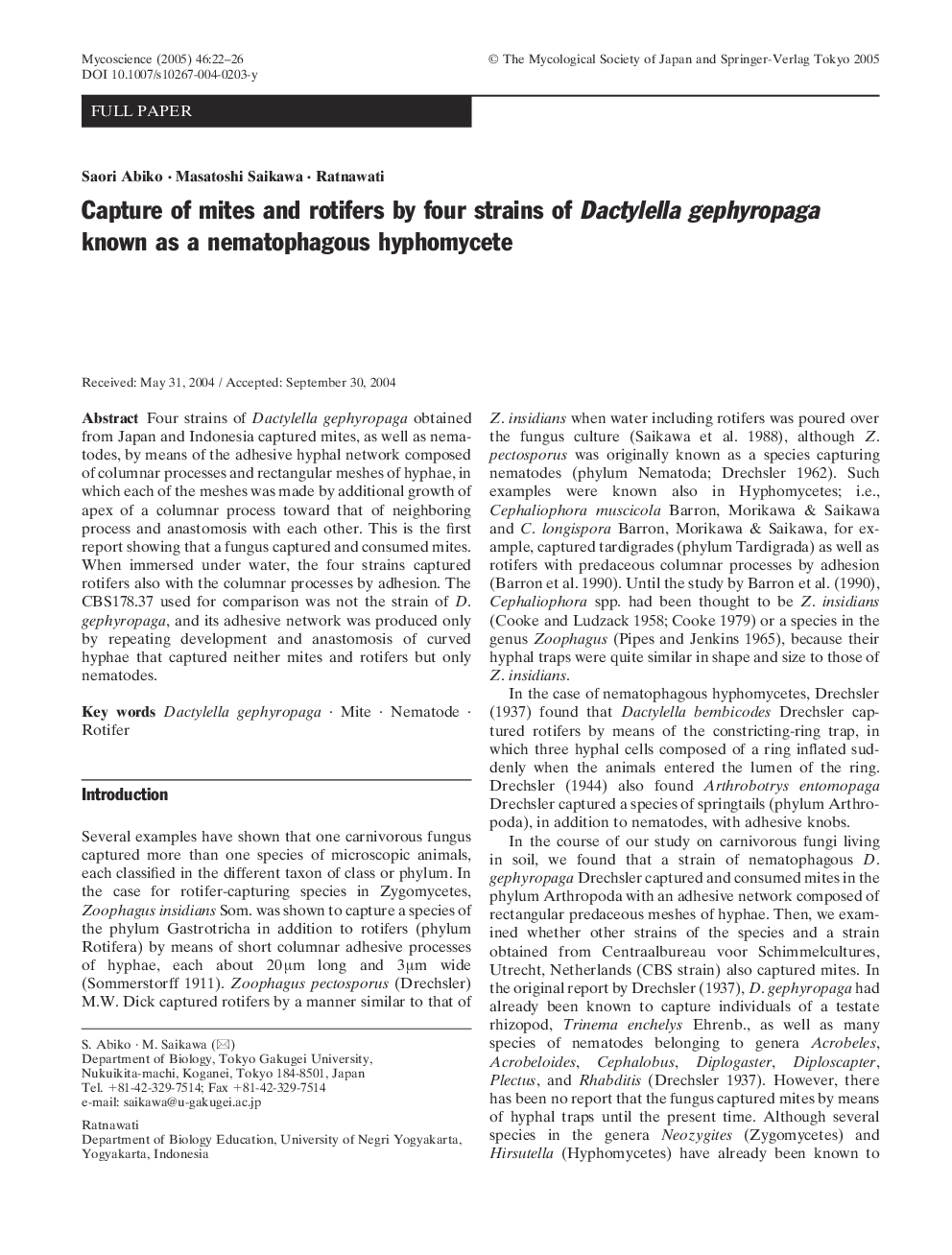 Capture of mites and rotifers by four strains of Dactylella gephyropaga known as a nematophagous hyphomycete