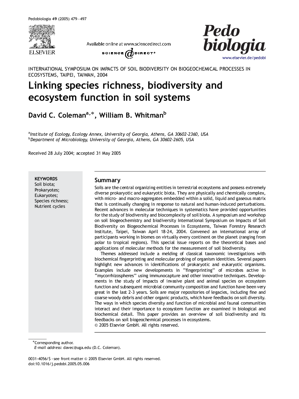 Linking species richness, biodiversity and ecosystem function in soil systems