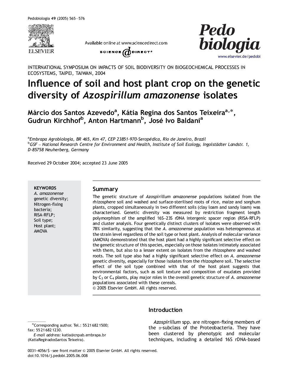 Influence of soil and host plant crop on the genetic diversity of Azospirillum amazonense isolates