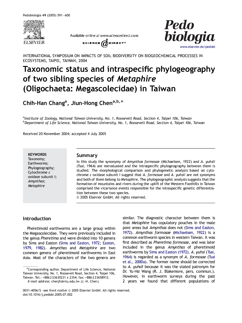 Taxonomic status and intraspecific phylogeography of two sibling species of Metaphire (Oligochaeta: Megascolecidae) in Taiwan