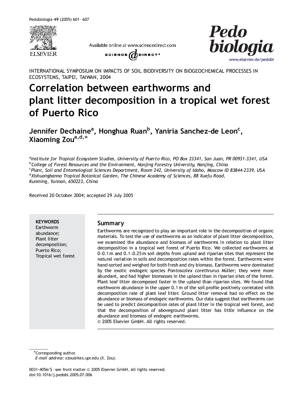 Correlation between earthworms and plant litter decomposition in a tropical wet forest of Puerto Rico