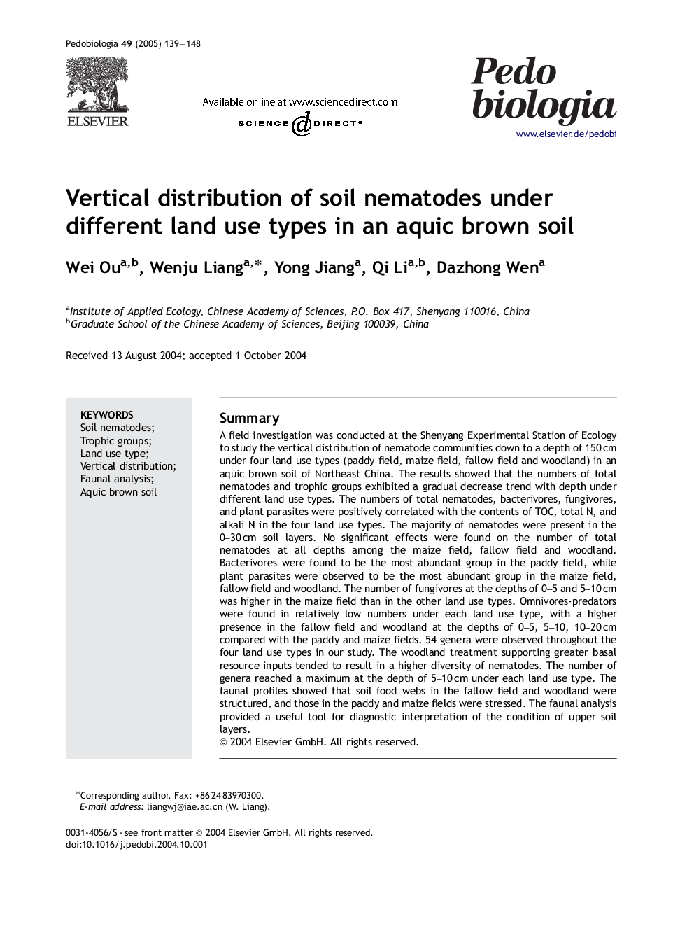 Vertical distribution of soil nematodes under different land use types in an aquic brown soil