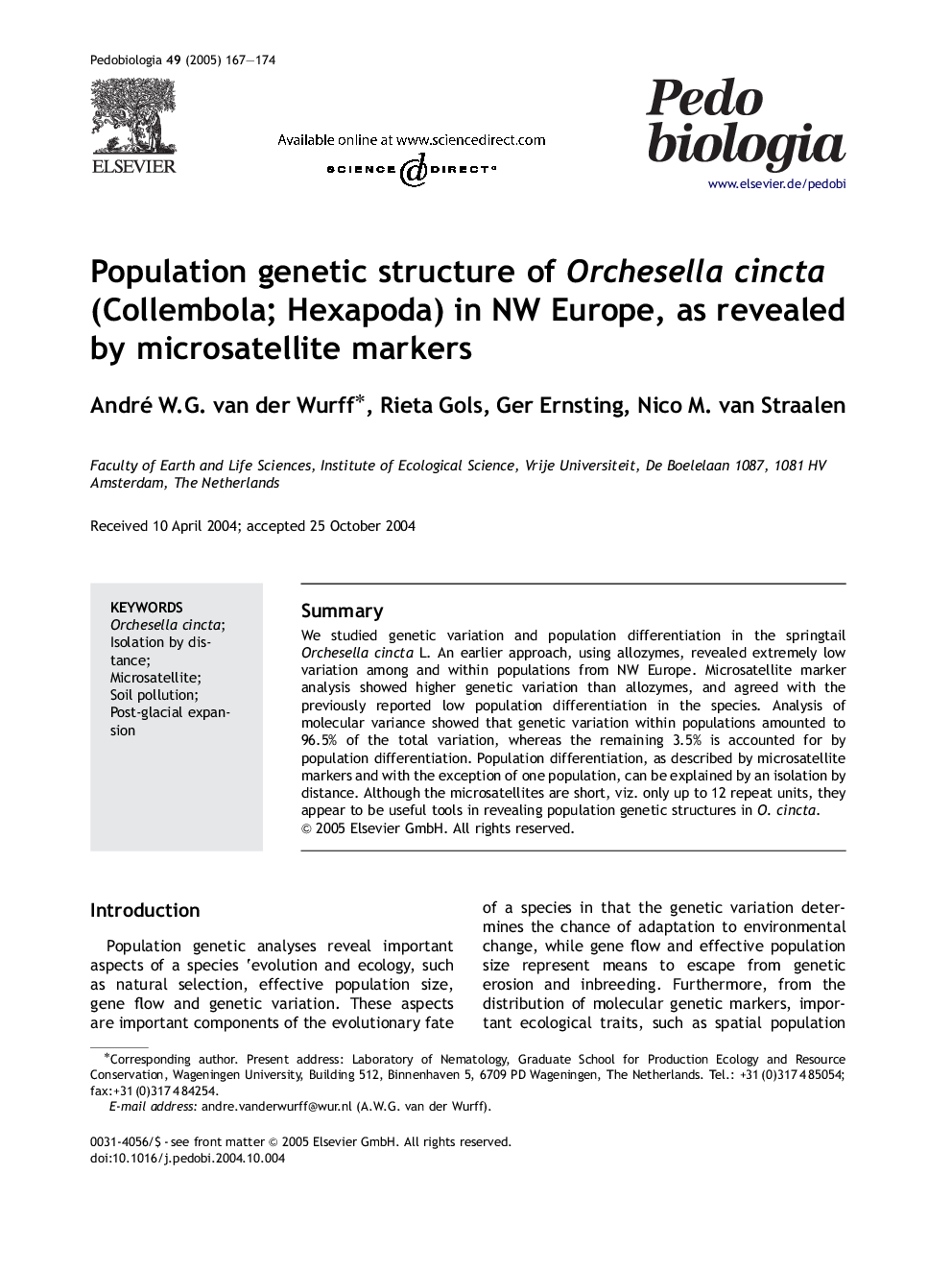 Population genetic structure of Orchesella cincta (Collembola; Hexapoda) in NW Europe, as revealed by microsatellite markers