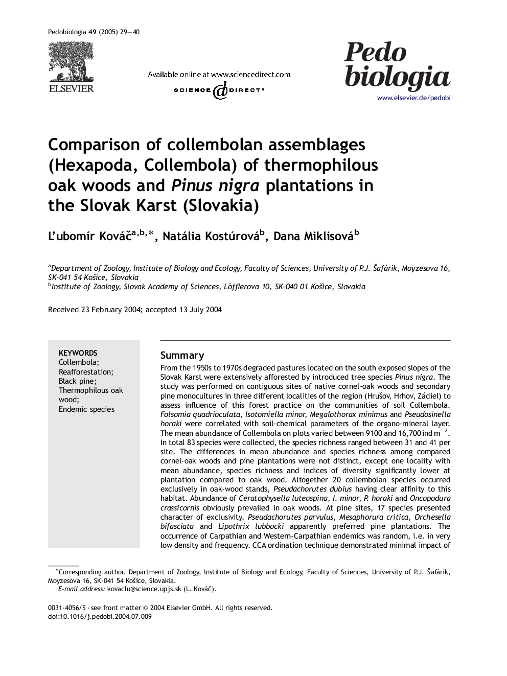 Comparison of collembolan assemblages (Hexapoda, Collembola) of thermophilous oak woods and Pinus nigra plantations in the Slovak Karst (Slovakia)