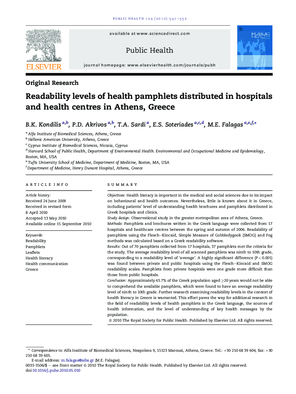 Readability levels of health pamphlets distributed in hospitals and health centres in Athens, Greece