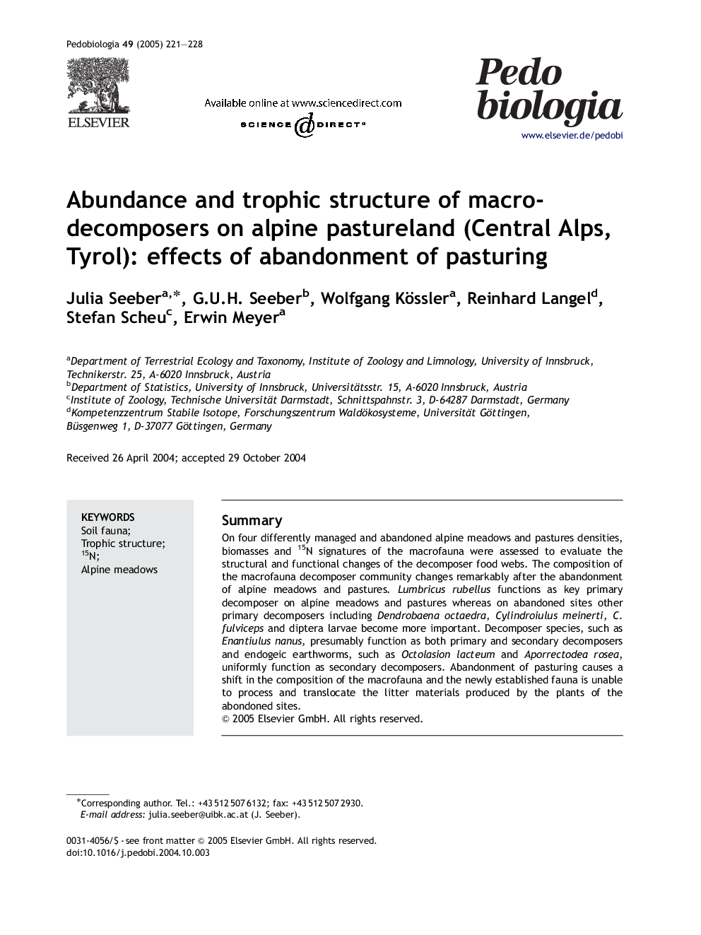 Abundance and trophic structure of macro-decomposers on alpine pastureland (Central Alps, Tyrol): effects of abandonment of pasturing