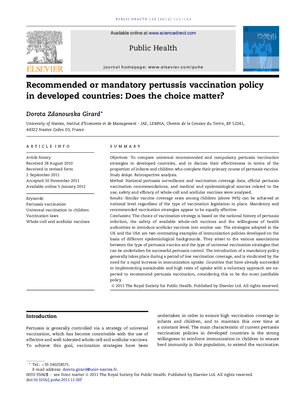 Recommended or mandatory pertussis vaccination policy in developed countries: Does the choice matter?